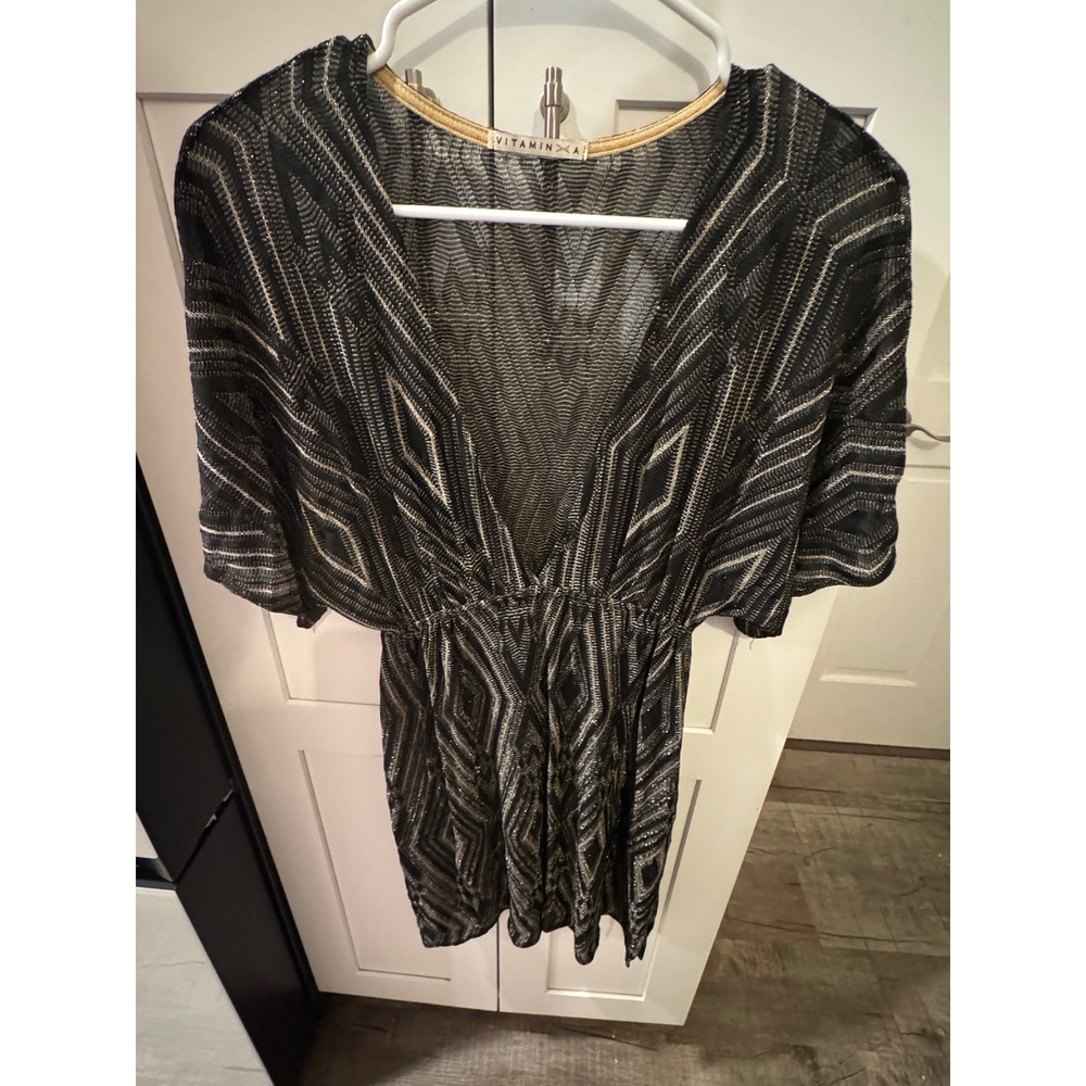 Vitamin A Metallic Geometric Knit Swim Cover Up Dress Black Gold V-Neck Kimono S